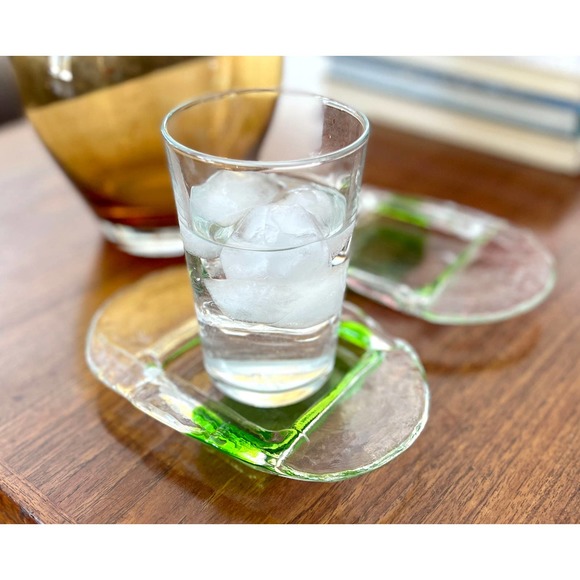 Two Modern Oval Green and Clear Glass Coasters - Picture 9 of 9